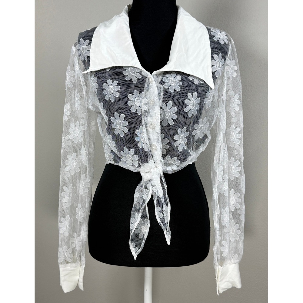 Vintage Floral Lace Tie Front Blouse Womens M White Mesh Y2K Angel Festival